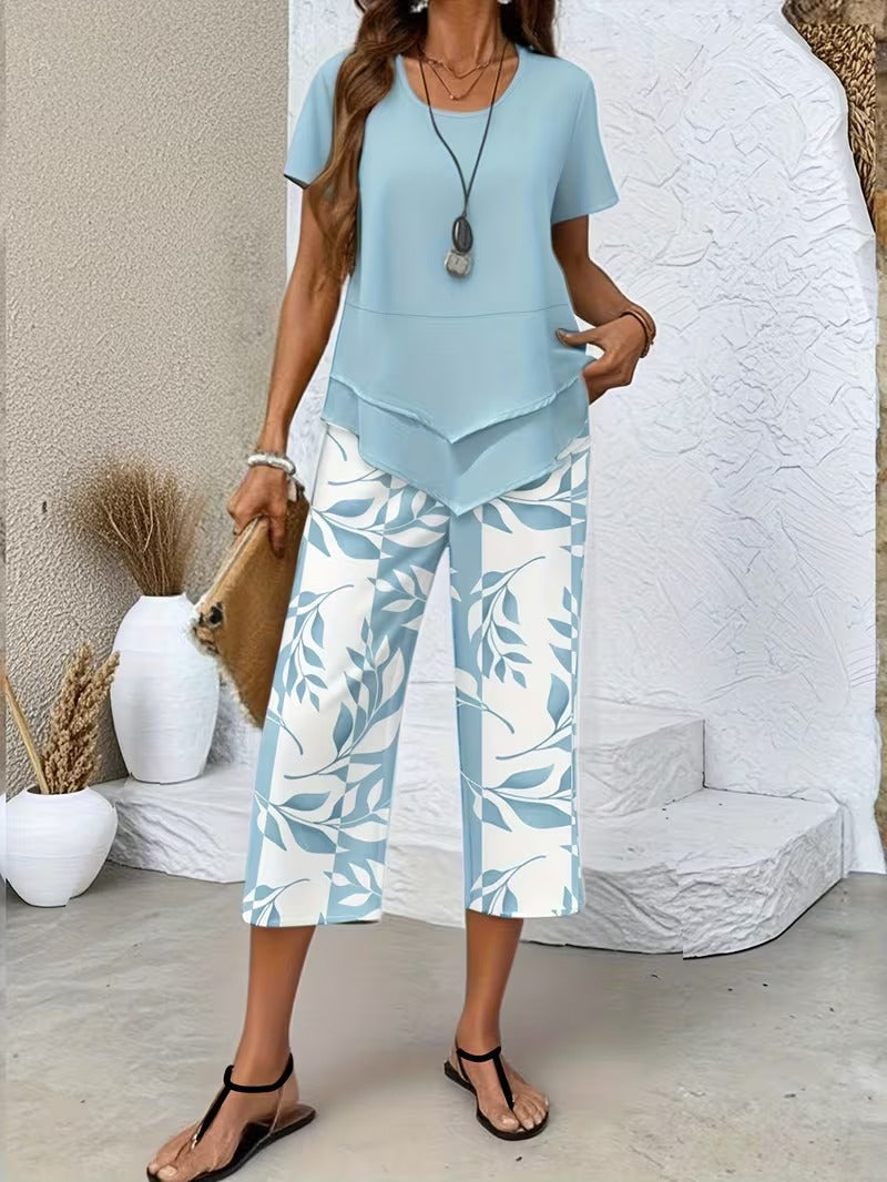 Avy | Conjunto Casual de Dos Piezas con Estampado de Hojas