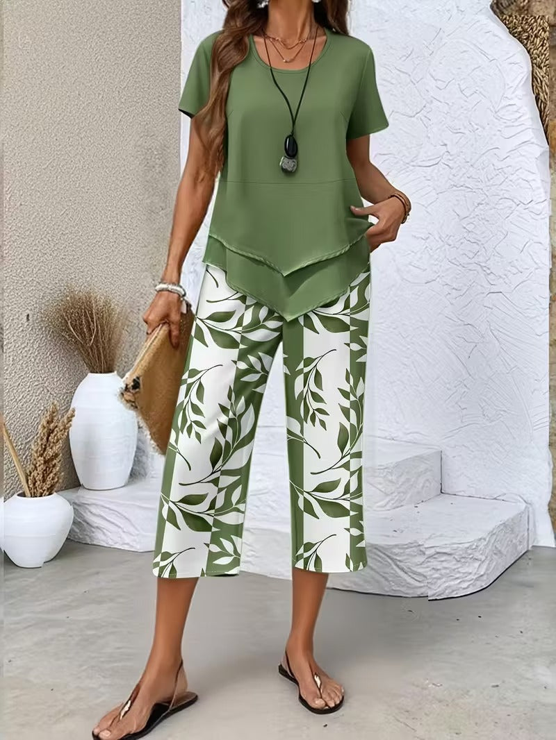 Avy | Conjunto Casual de Dos Piezas con Estampado de Hojas
