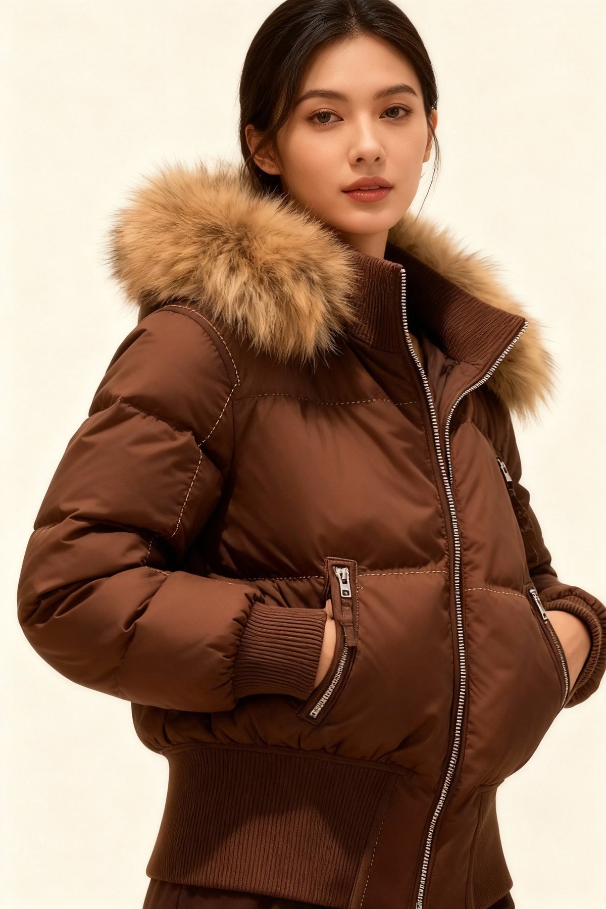 Chaqueta acolchada con capucha de pelo — Alma Sotelo