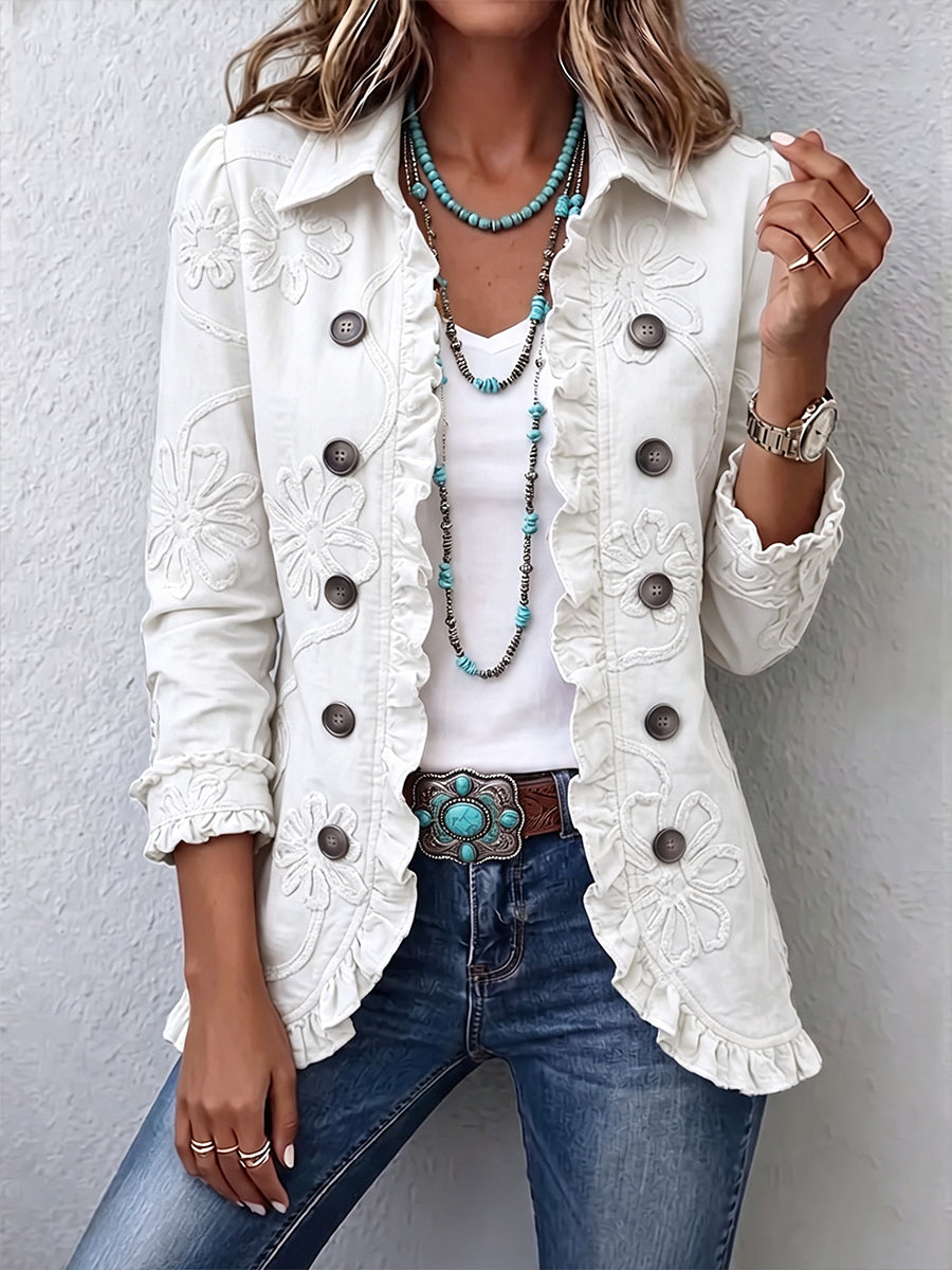 Chaqueta Bordada con Volantes Marfil
