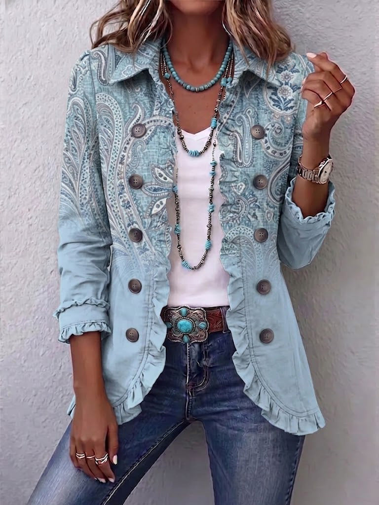 Chaqueta Paisley Vintage con Volantes Azul Cielo