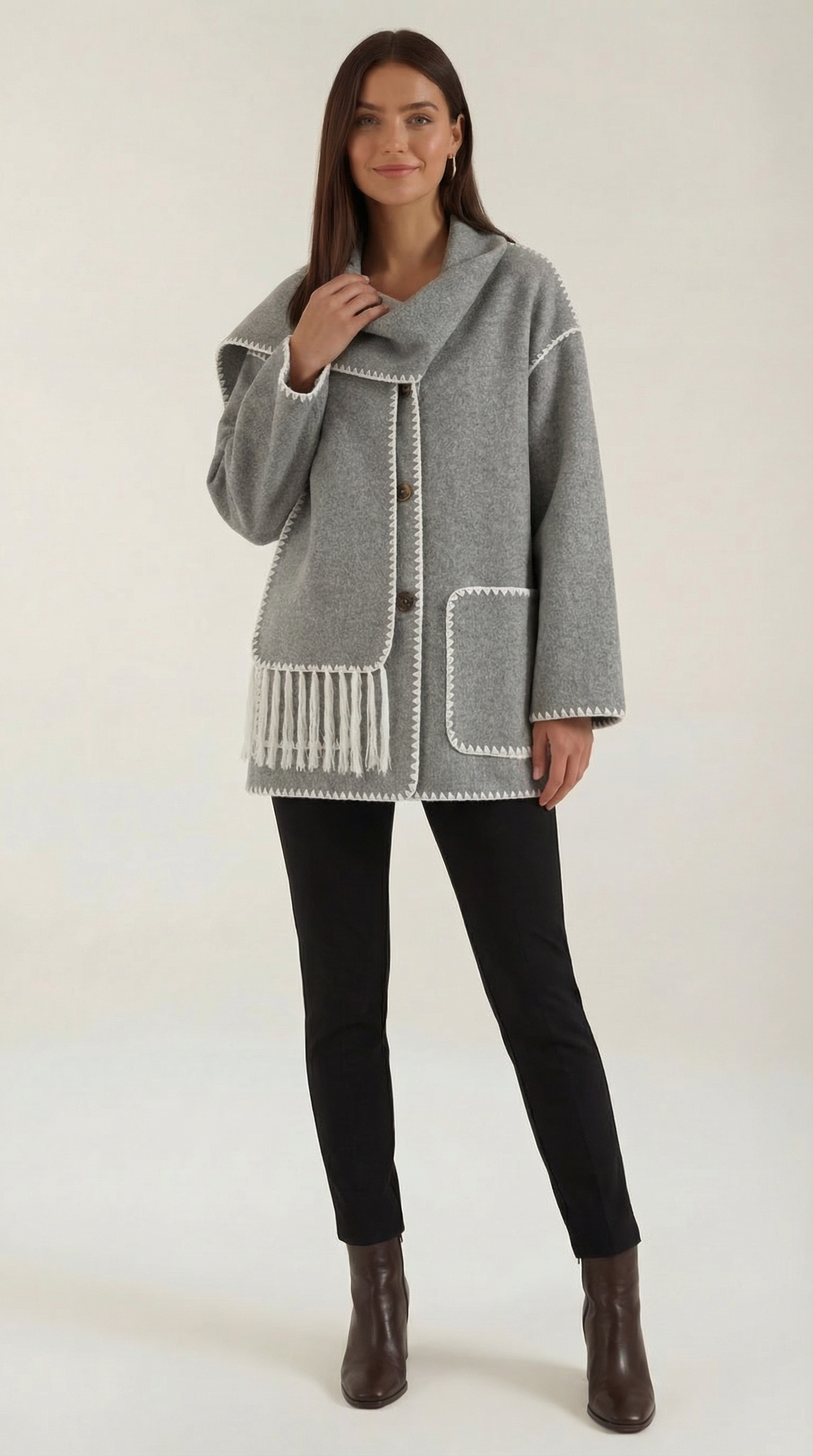 Chaqueta Catherine con Bufanda a Contraste de Alma Sotelo — Gris Humo