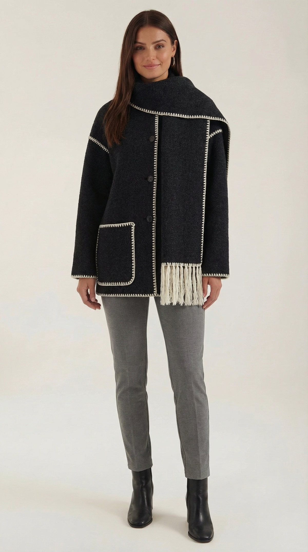 Chaqueta Catherine con Bufanda a Contraste de Alma Sotelo — Negro