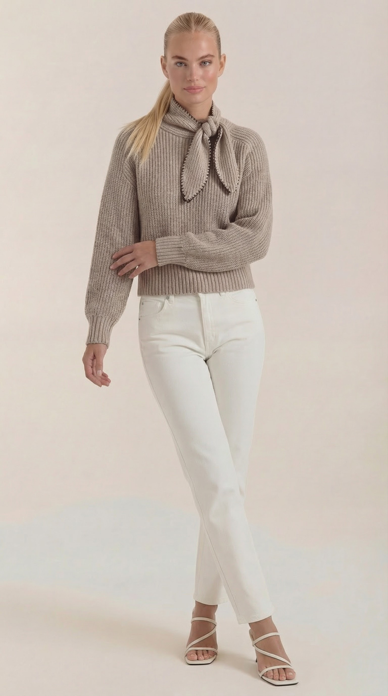 Jersey de Canalé Cuello Solapa Karla de Alma Sotelo — Beige