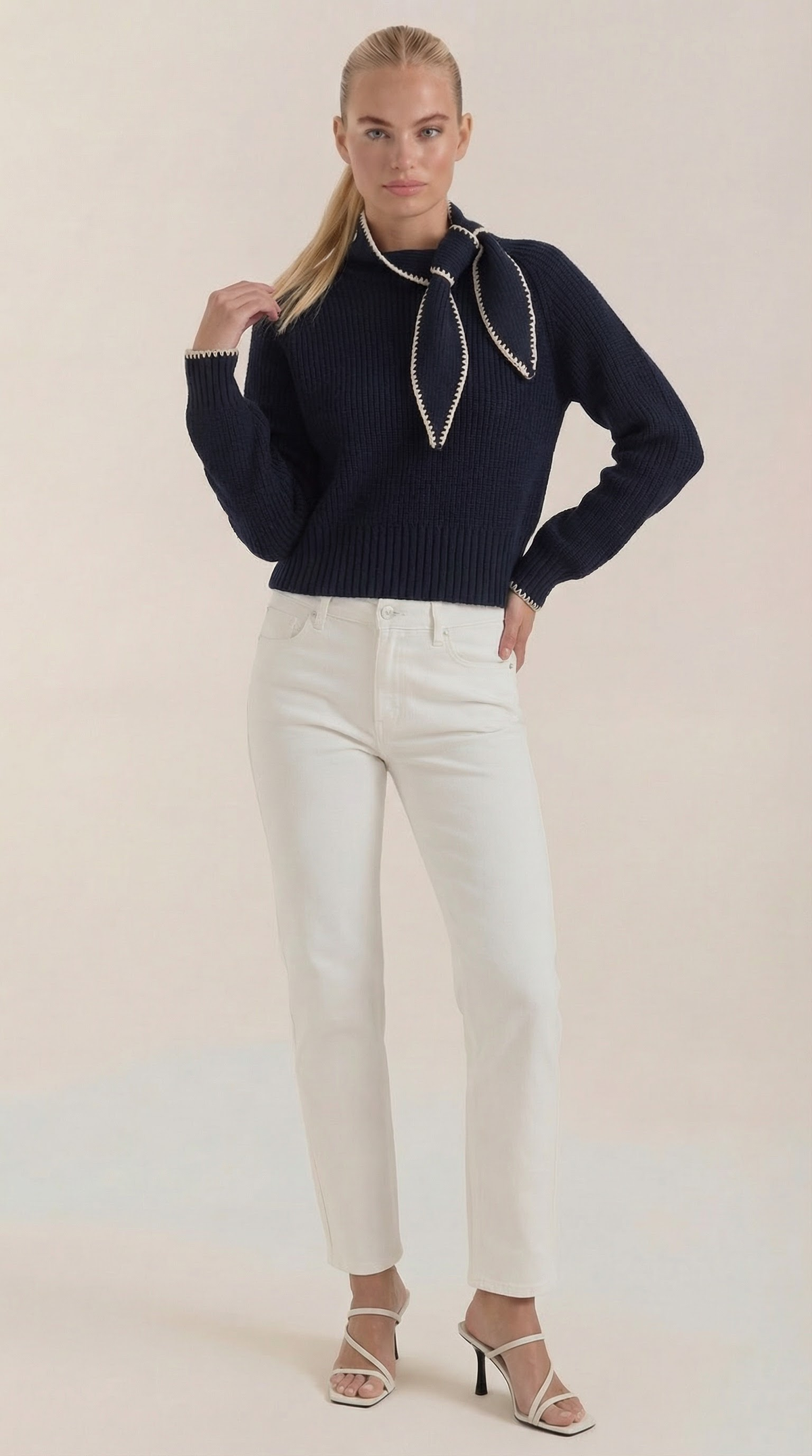 Jersey de Canalé Cuello Solapa Karla de Alma Sotelo — Azul Marino