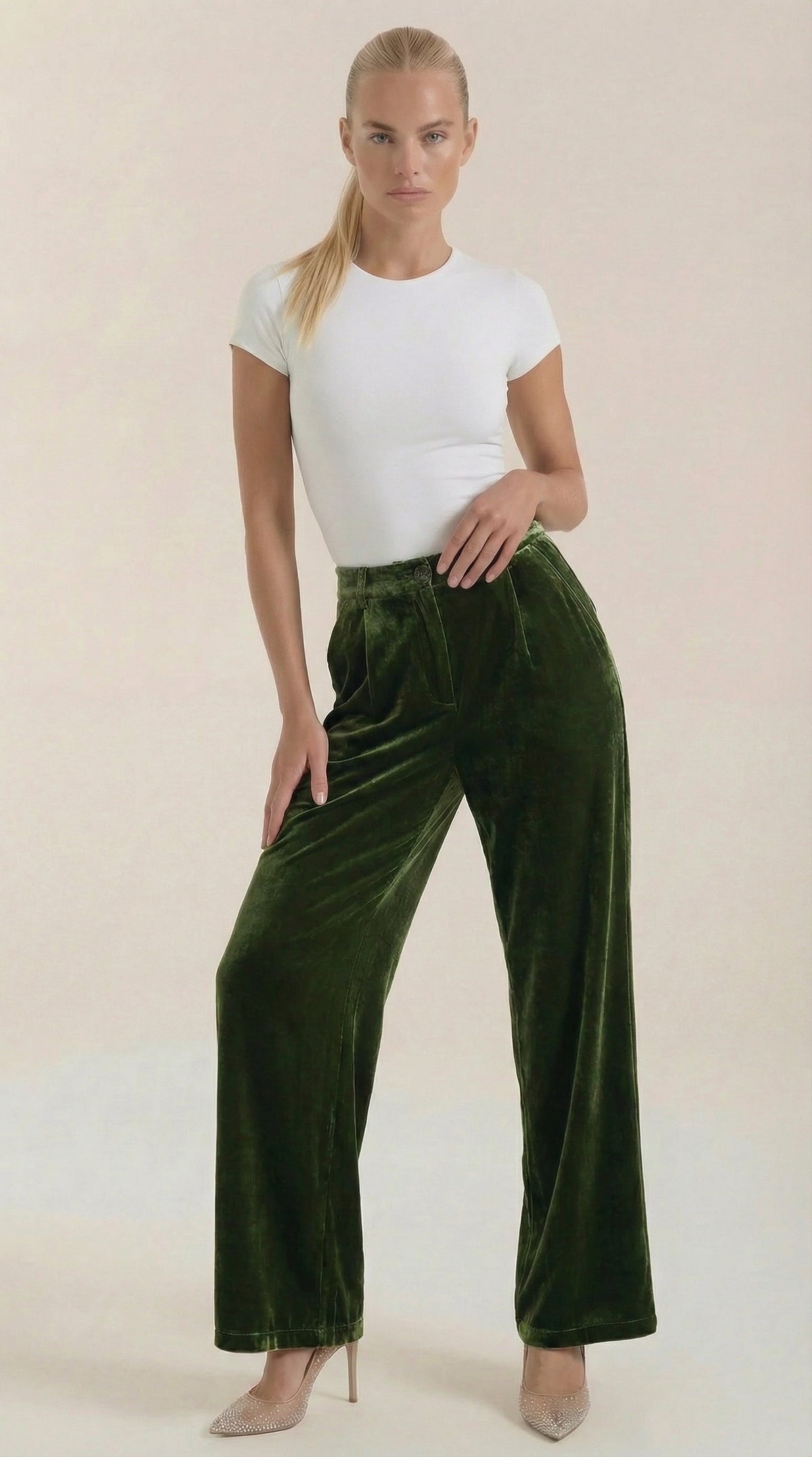 Pantalón Ancho de Terciopelo Nadine de Alma Sotelo — Verde Militar